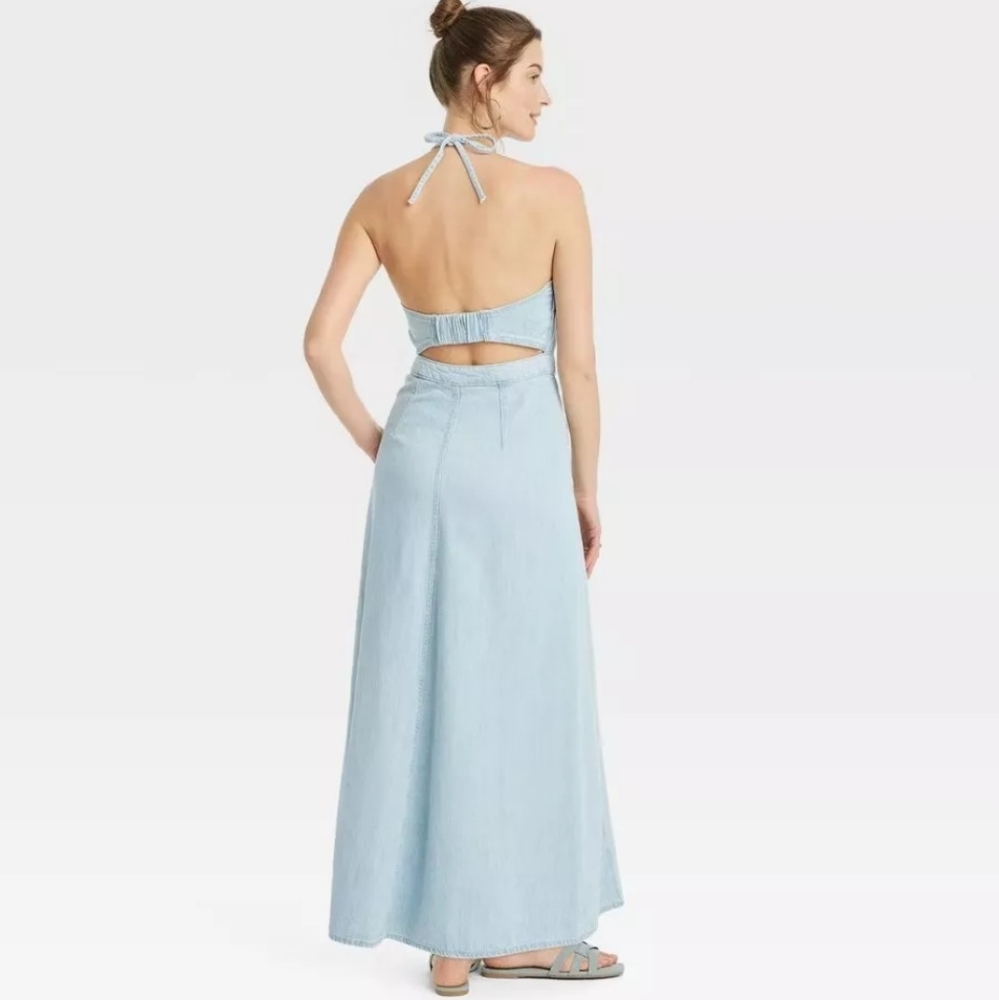 Cutout back strap Denim Halter Maxi Dress NWT